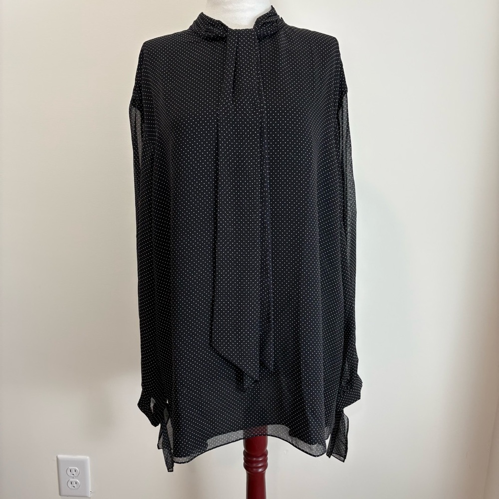 St John Elegant Black Polkadot Blouse with Tie Neck